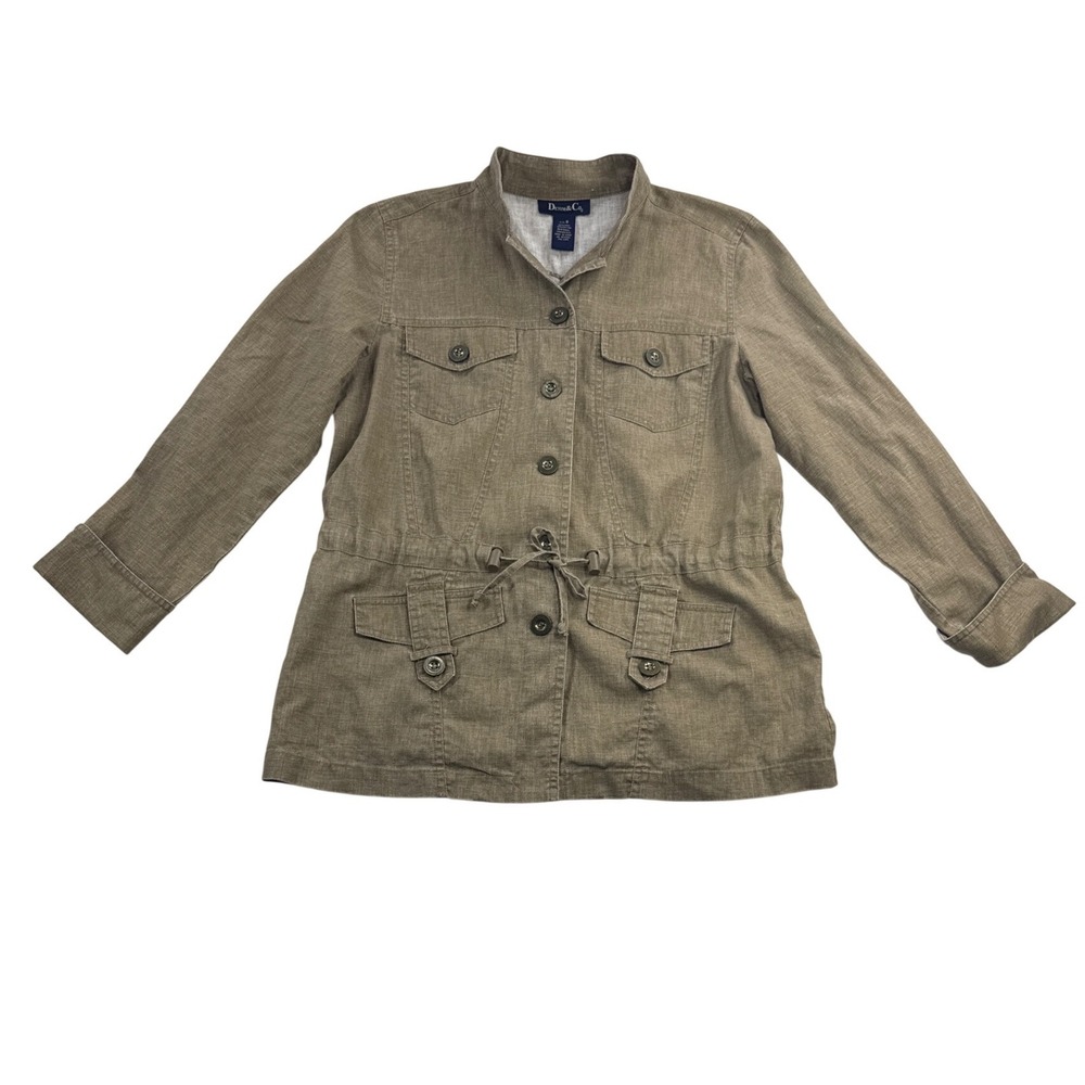 Denim & Co Linen Blend Utility Safari Jacket Women Small Khaki Drawstring Earthy